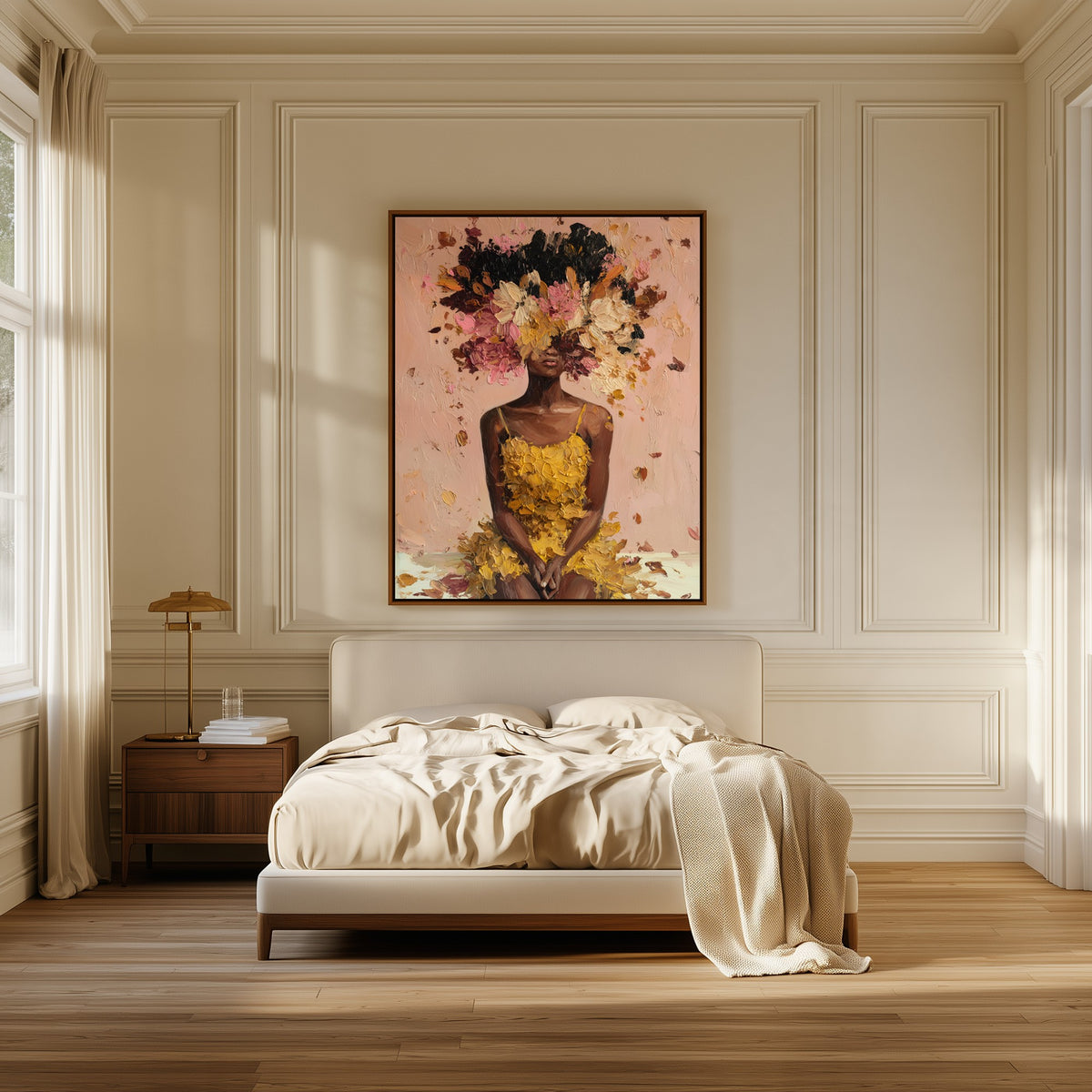 Petals Unbound canvas above the bed in a bedroom