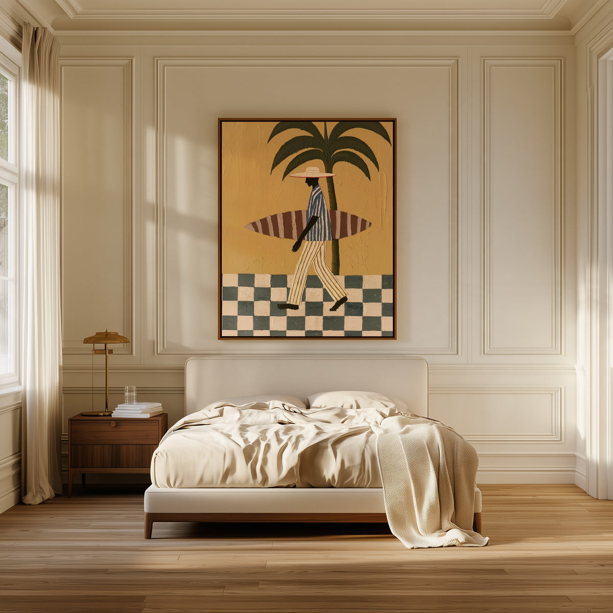 The Surfer canvas above the bed in a bedroom