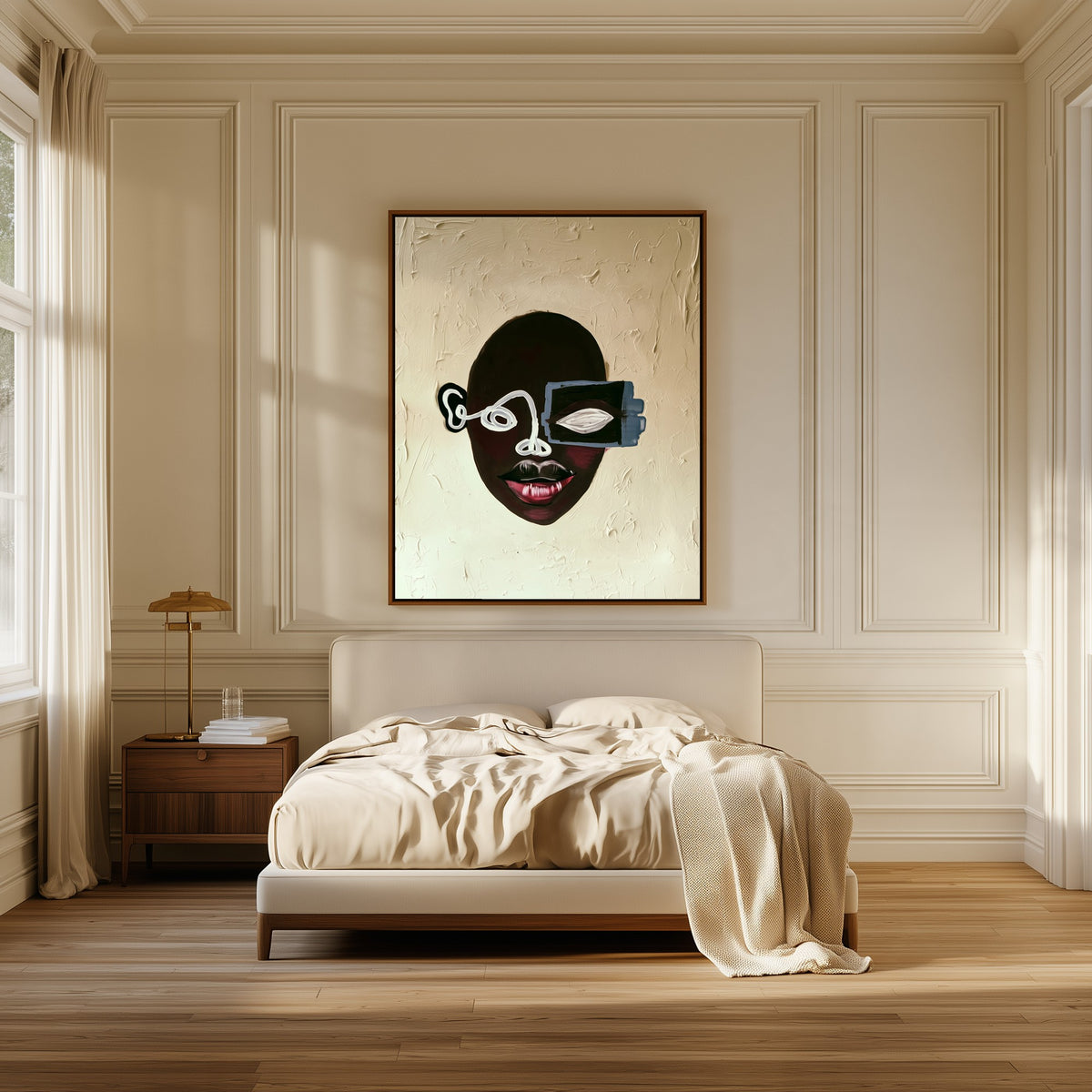 Half Seen canvas above the bed in a bedroom