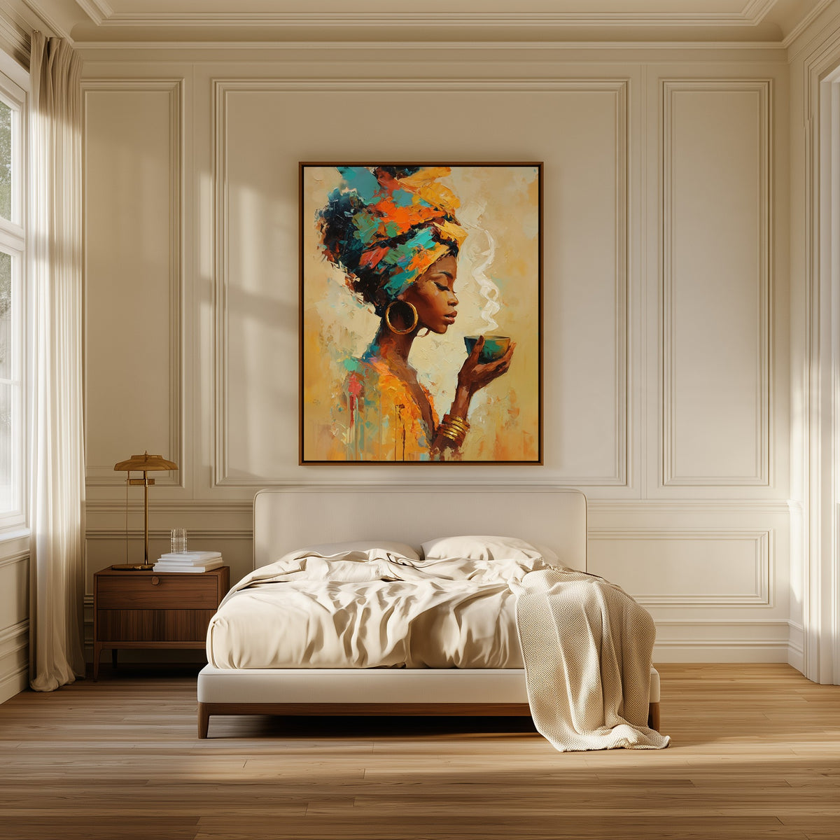 Morning Steam canvas above the bed in a bedroom