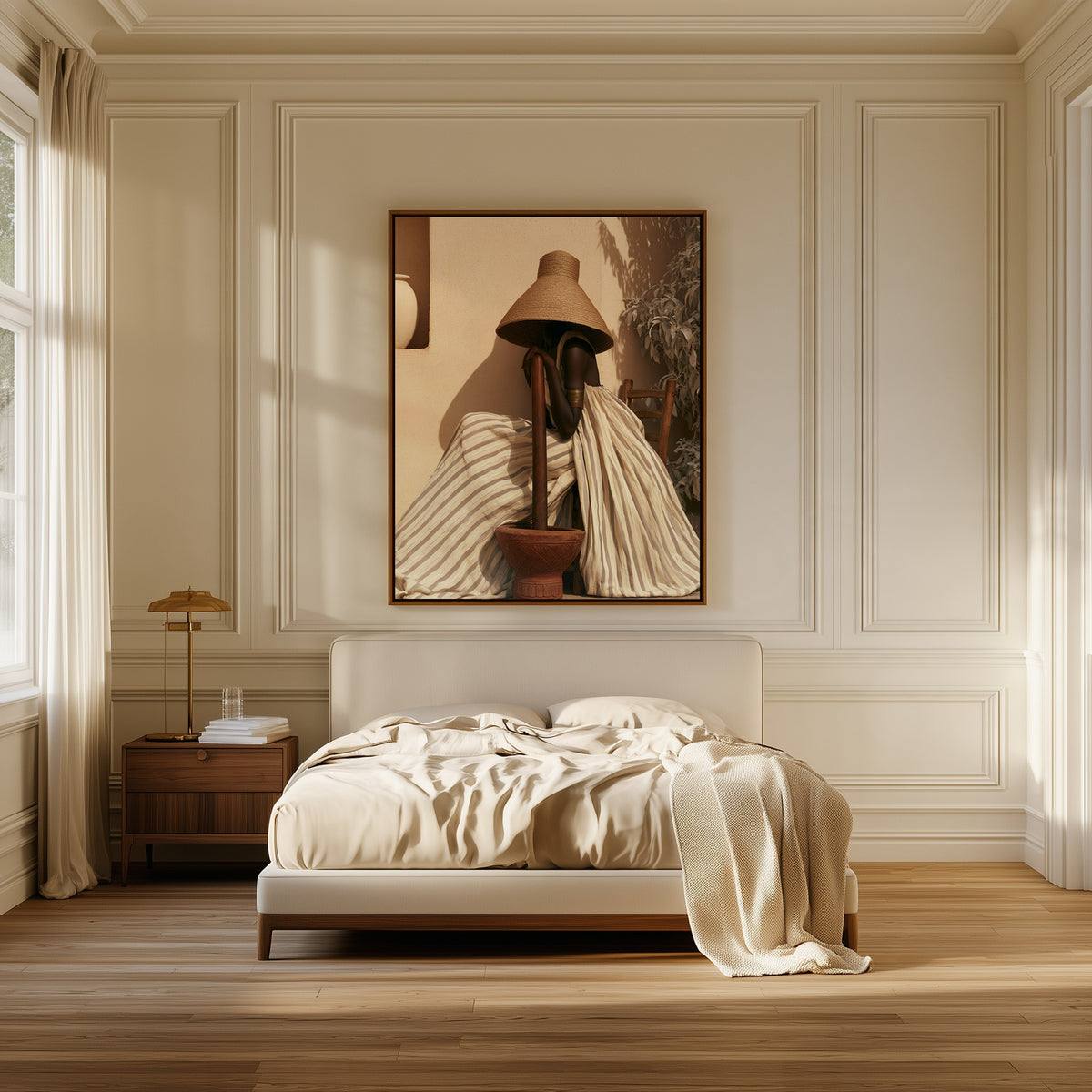 Afternoon at the Mortar canvas above the bed in a bedroom