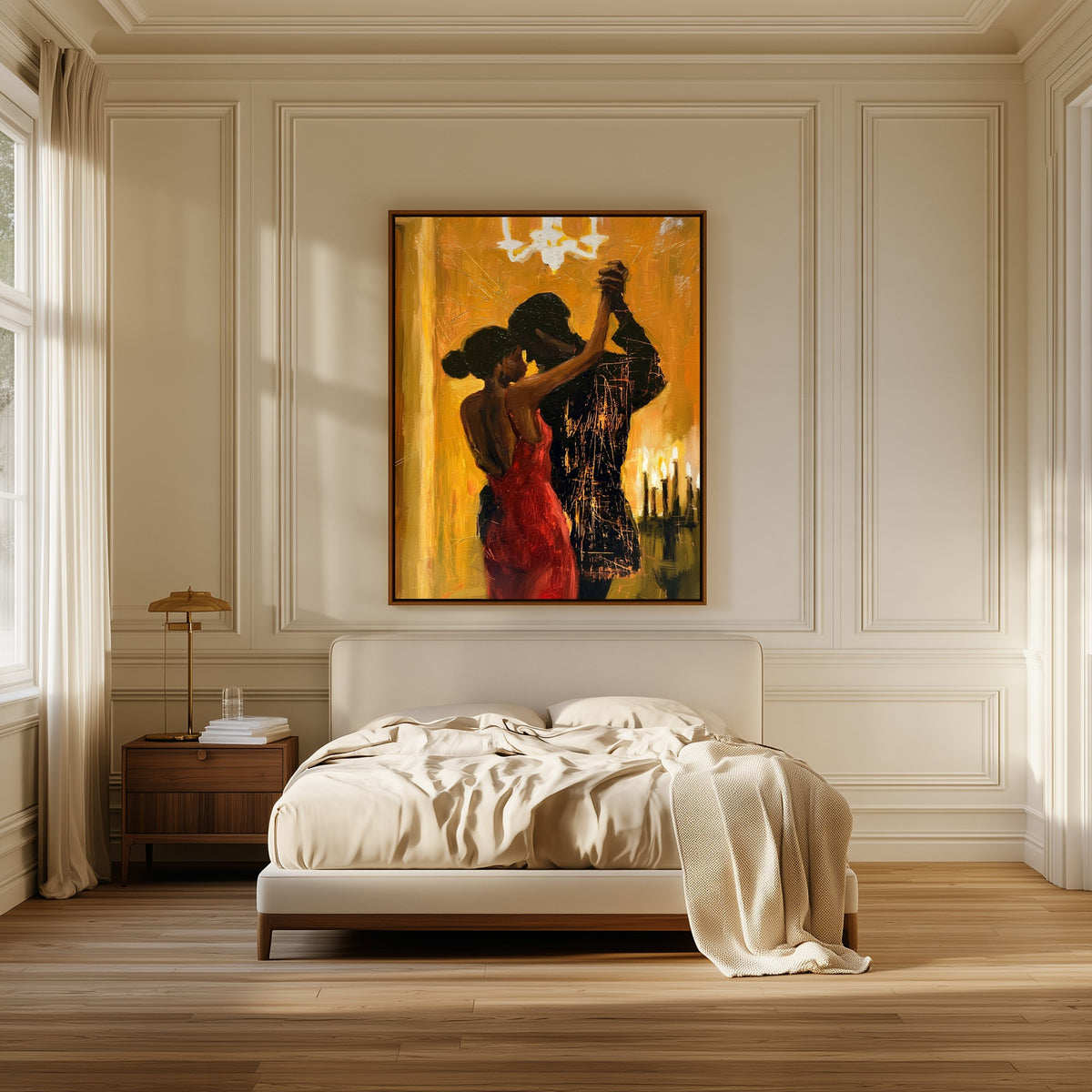 Candlelit Tango canvas above the bed in a bedroom
