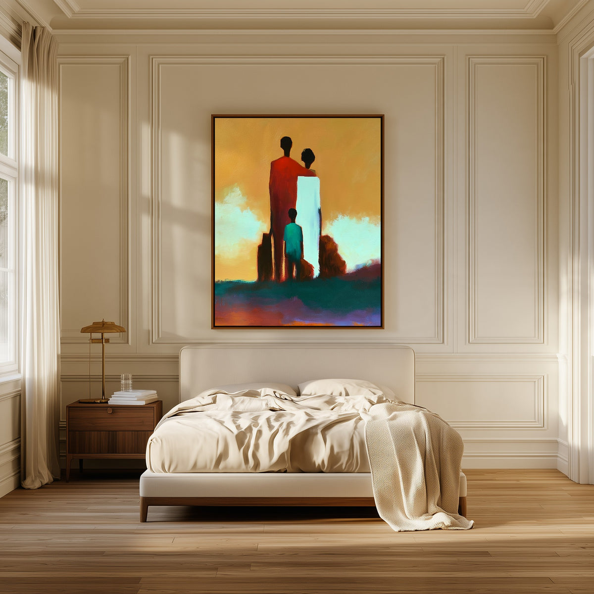 Homecoming canvas above the bed in a bedroom