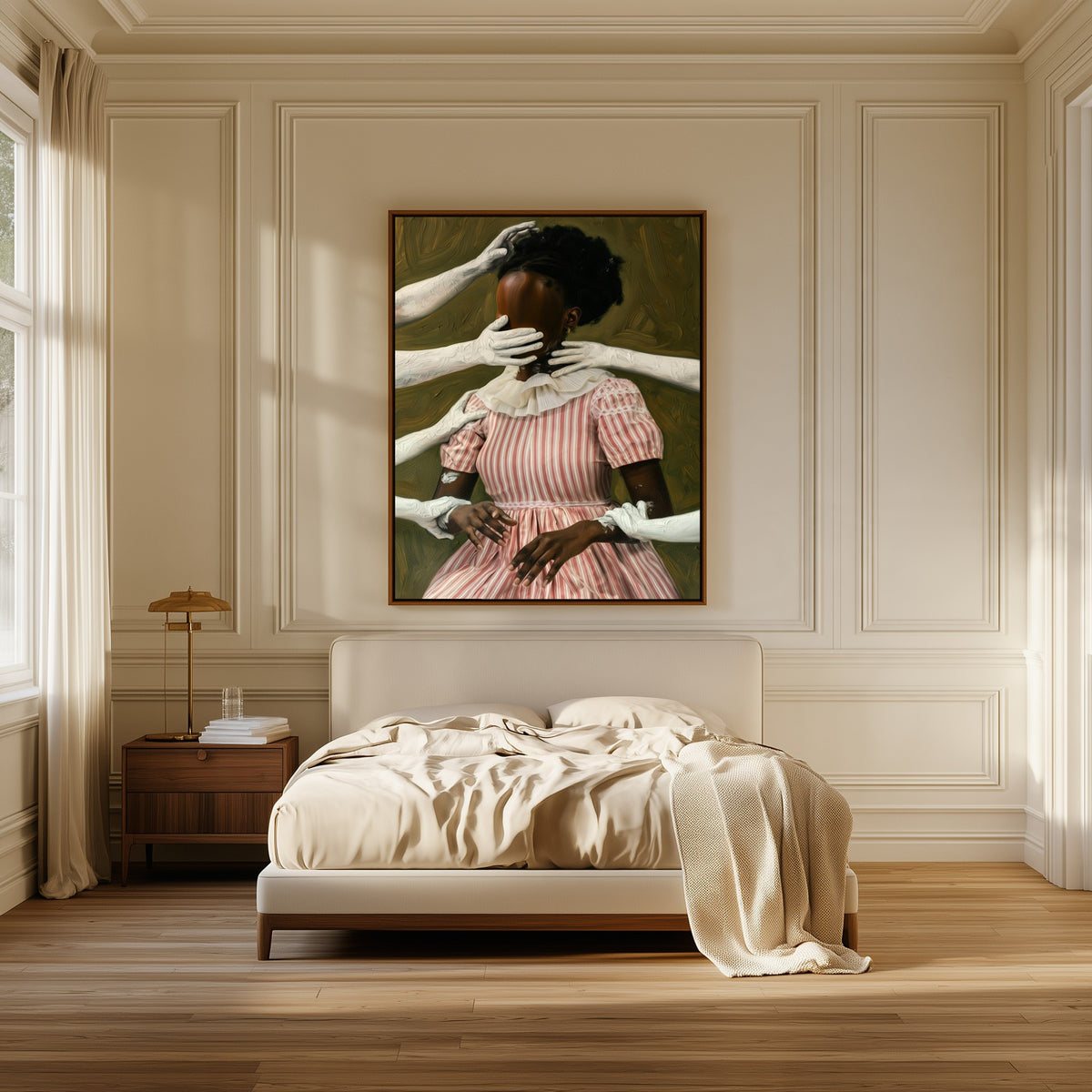Held Still canvas above the bed in a bedroom