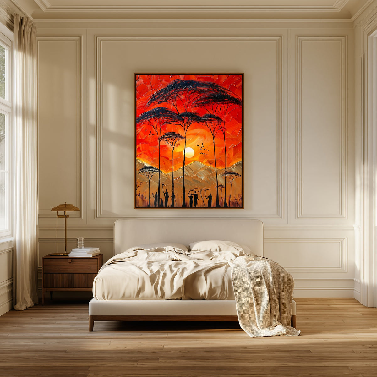Ember Horizon canvas above the bed in a bedroom