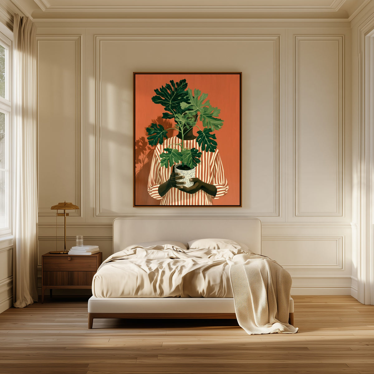 Rooted Warmth canvas above the bed in a bedroom
