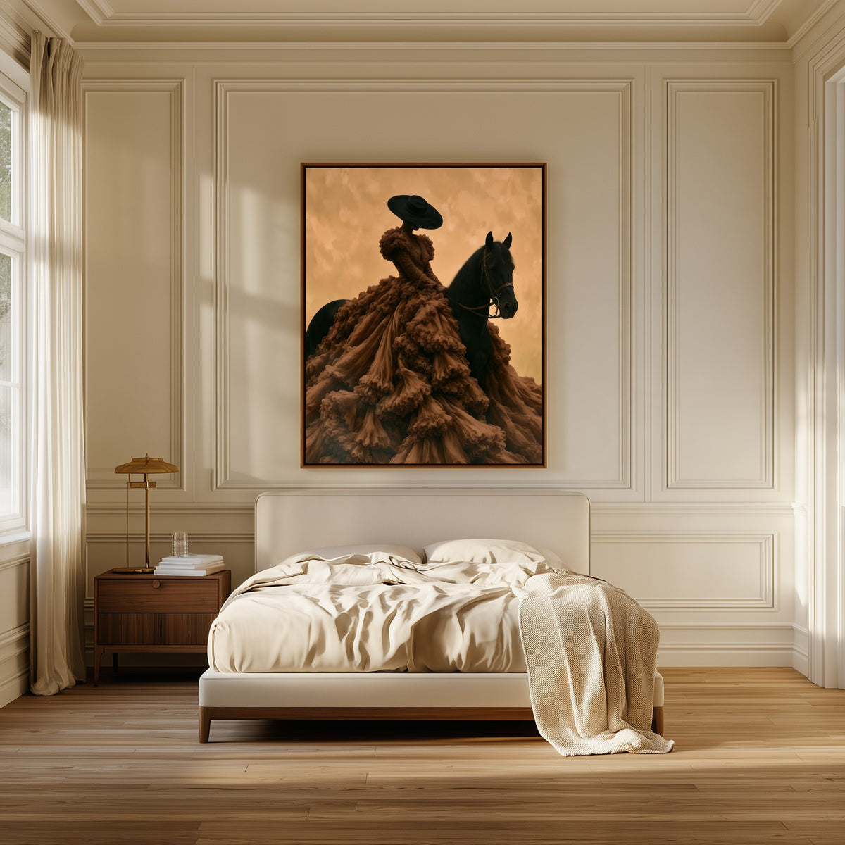 Lady with a Horse canvas above the bed in a bedroom