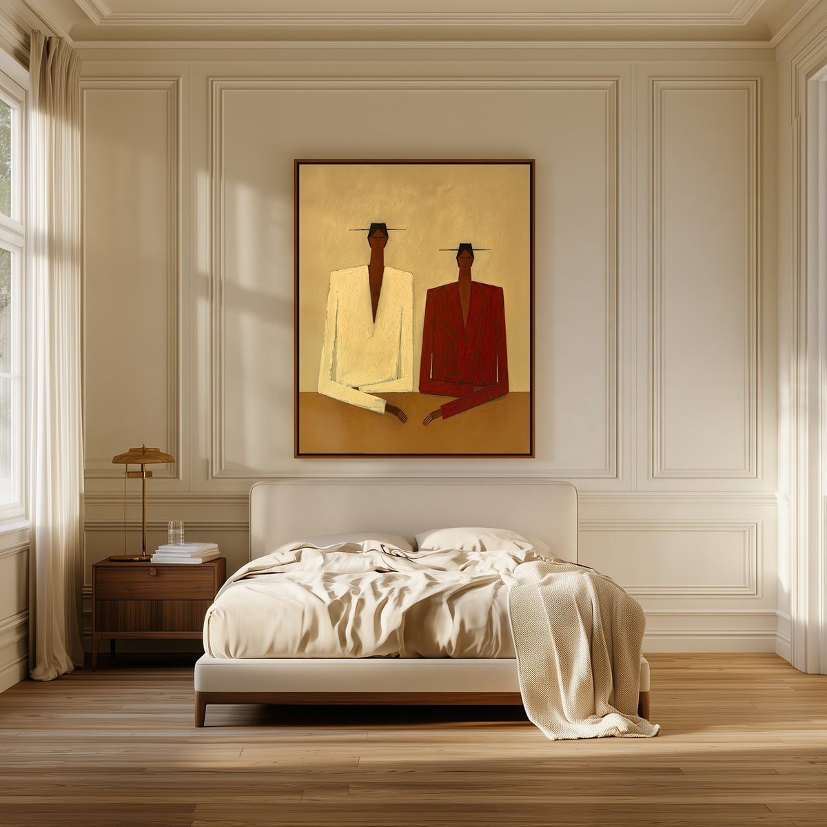An Afternoon Sitting canvas above the bed in a bedroom