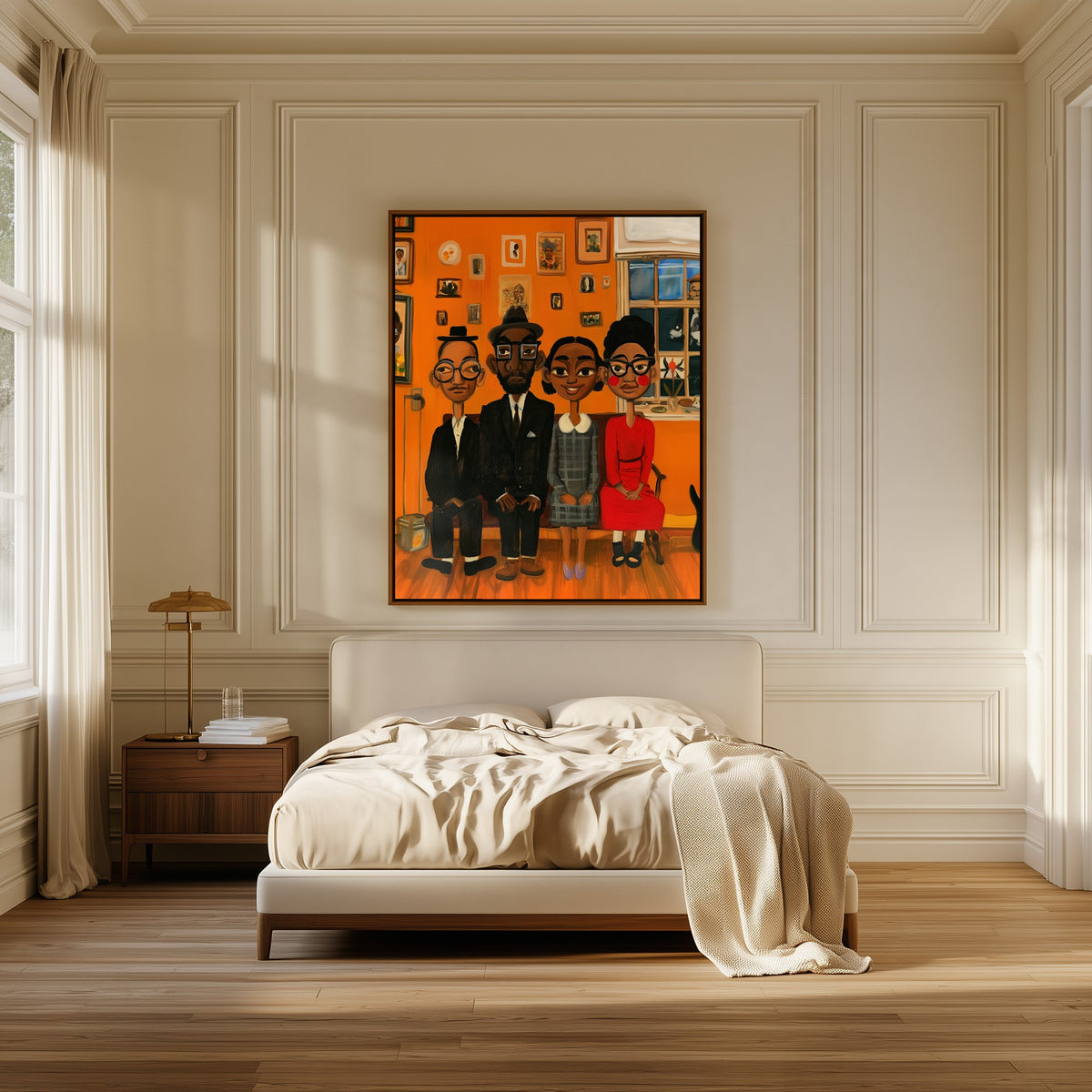 The Family Sitting canvas above the bed in a bedroom