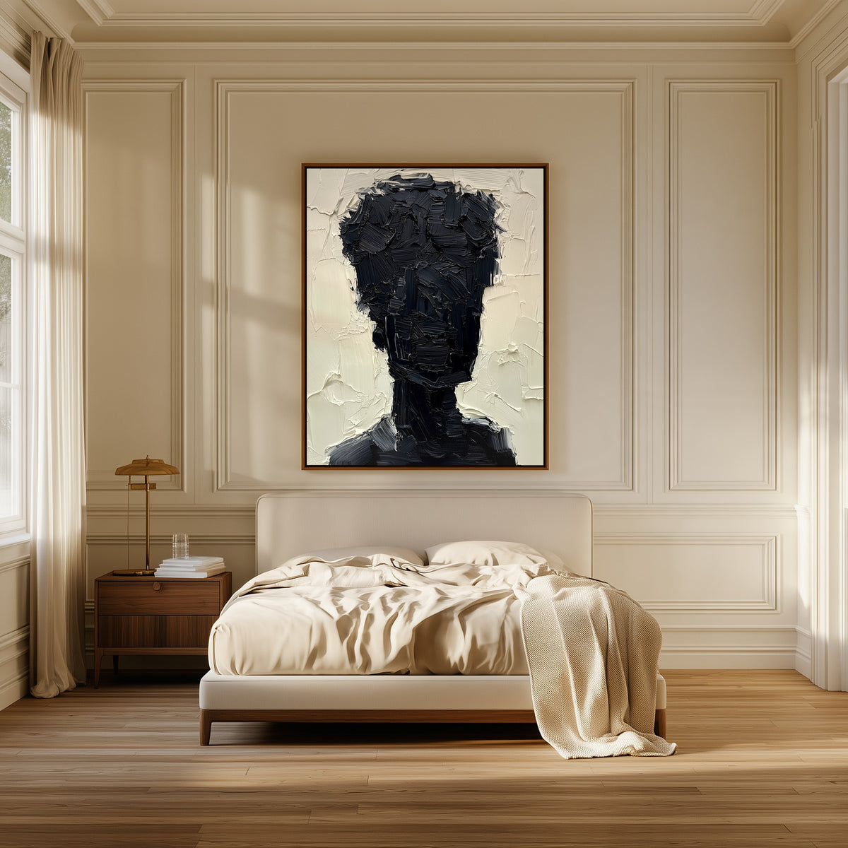 Absence canvas above the bed in a bedroom