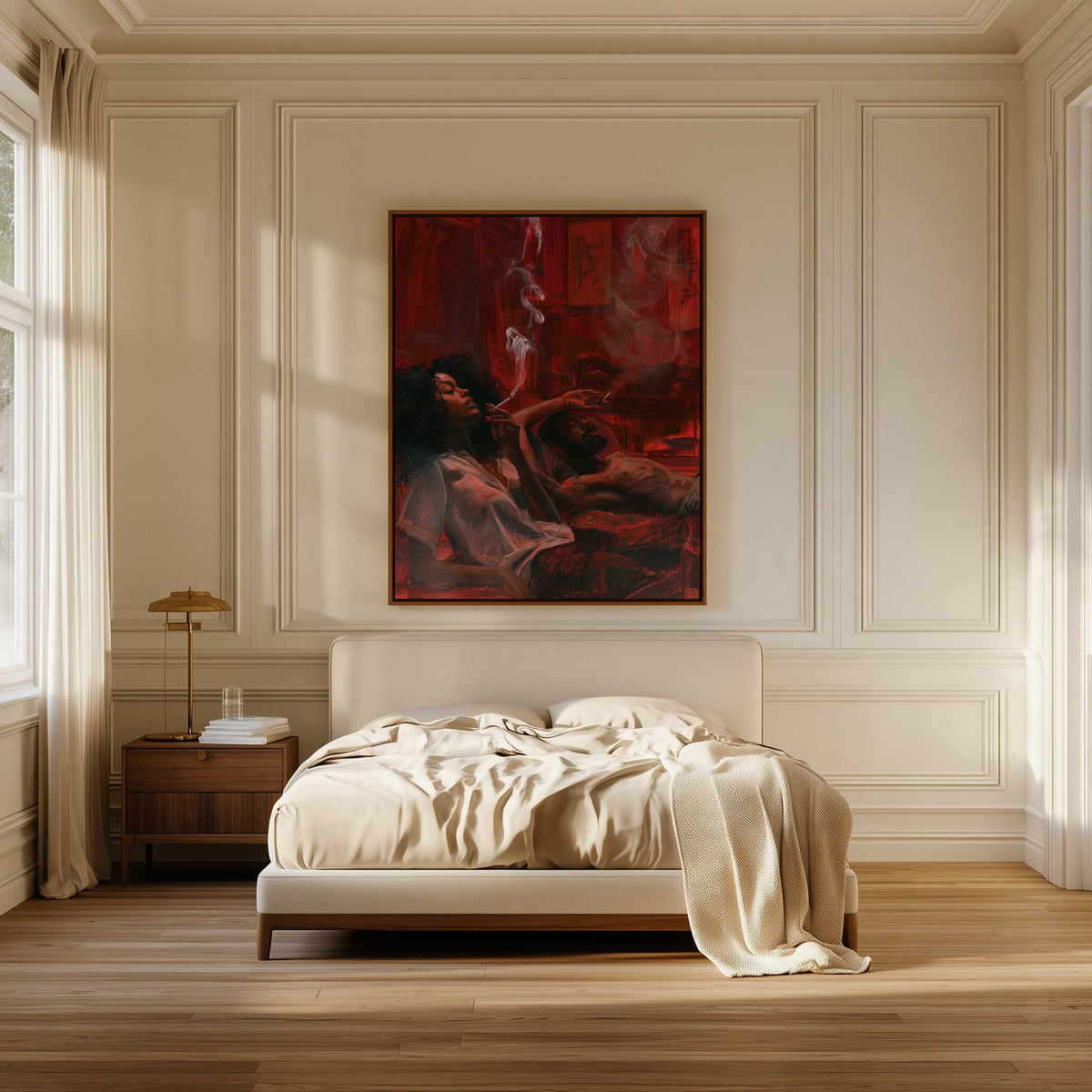 Smoke in the Parlour canvas above the bed in a bedroom