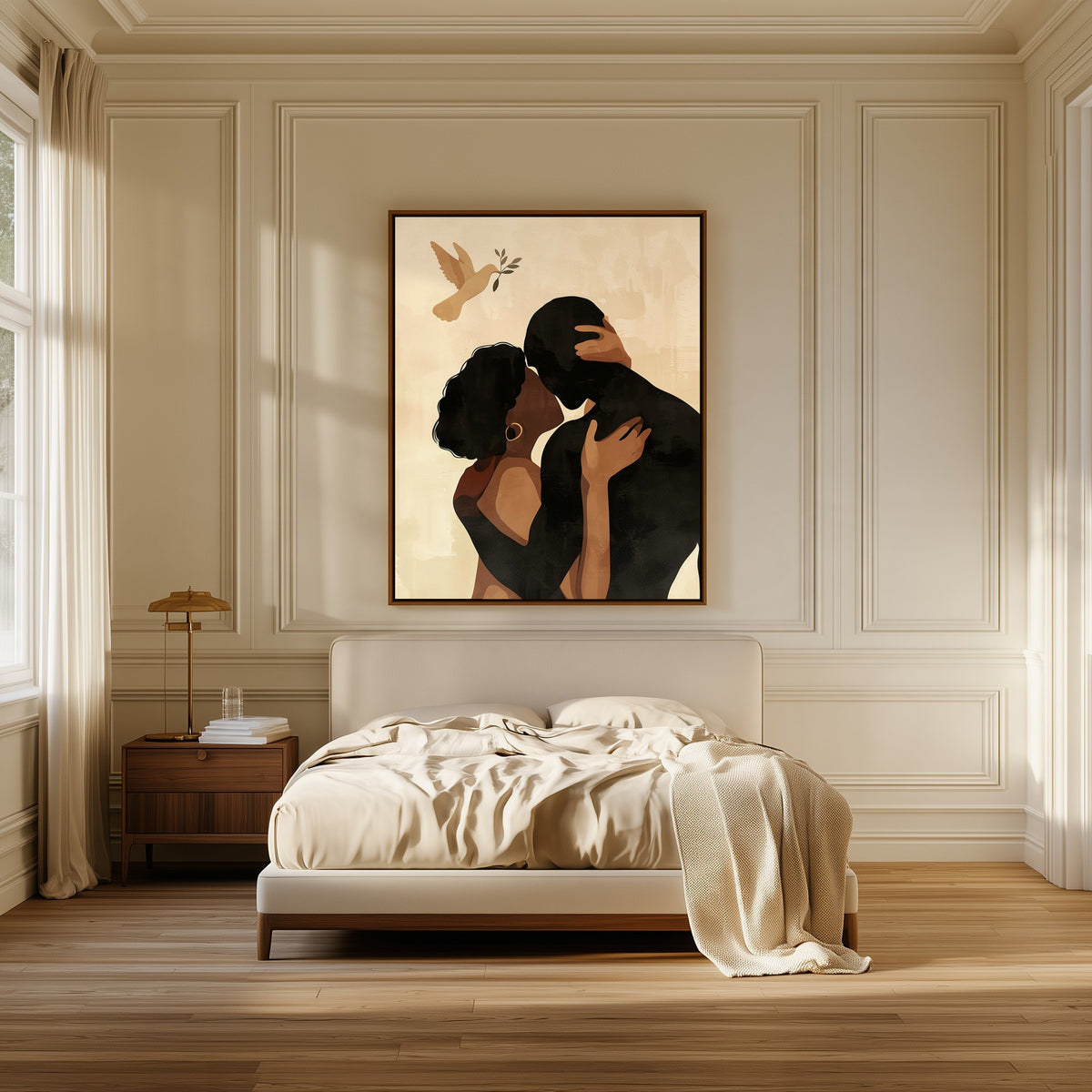 Under the Dove canvas above the bed in a bedroom