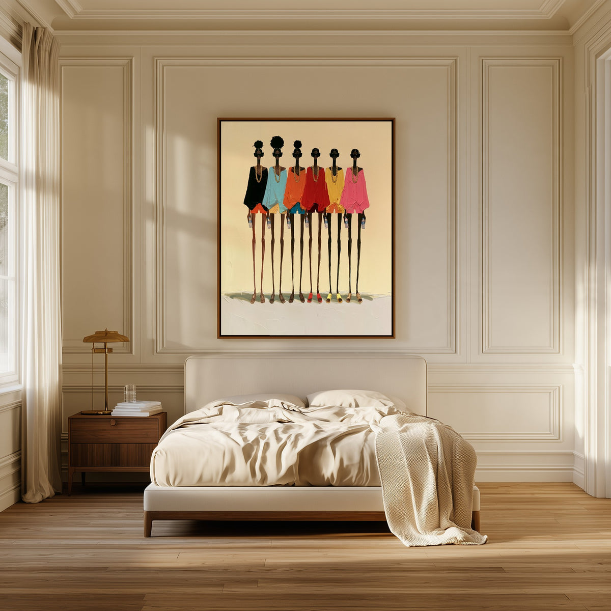 Six Sisters canvas above the bed in a bedroom
