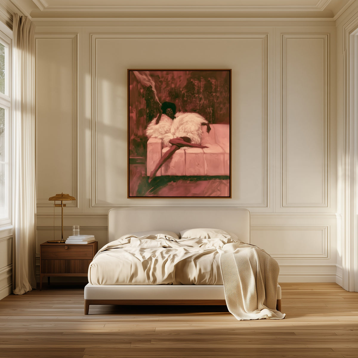 Woman in White Fur canvas above the bed in a bedroom