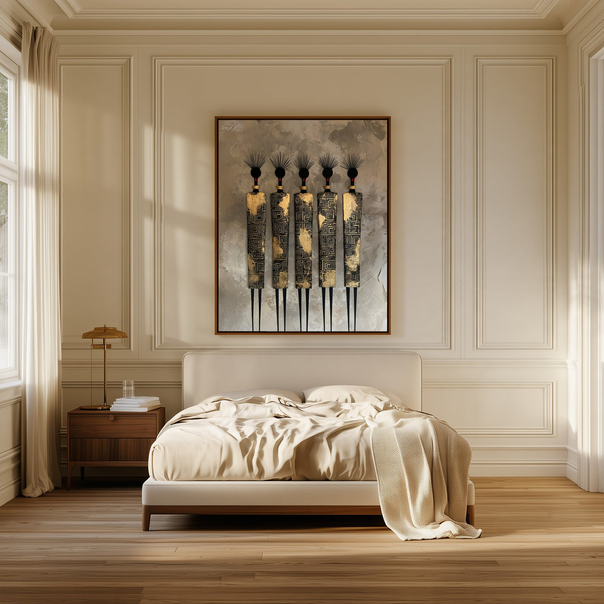 Five Sentinels canvas above the bed in a bedroom