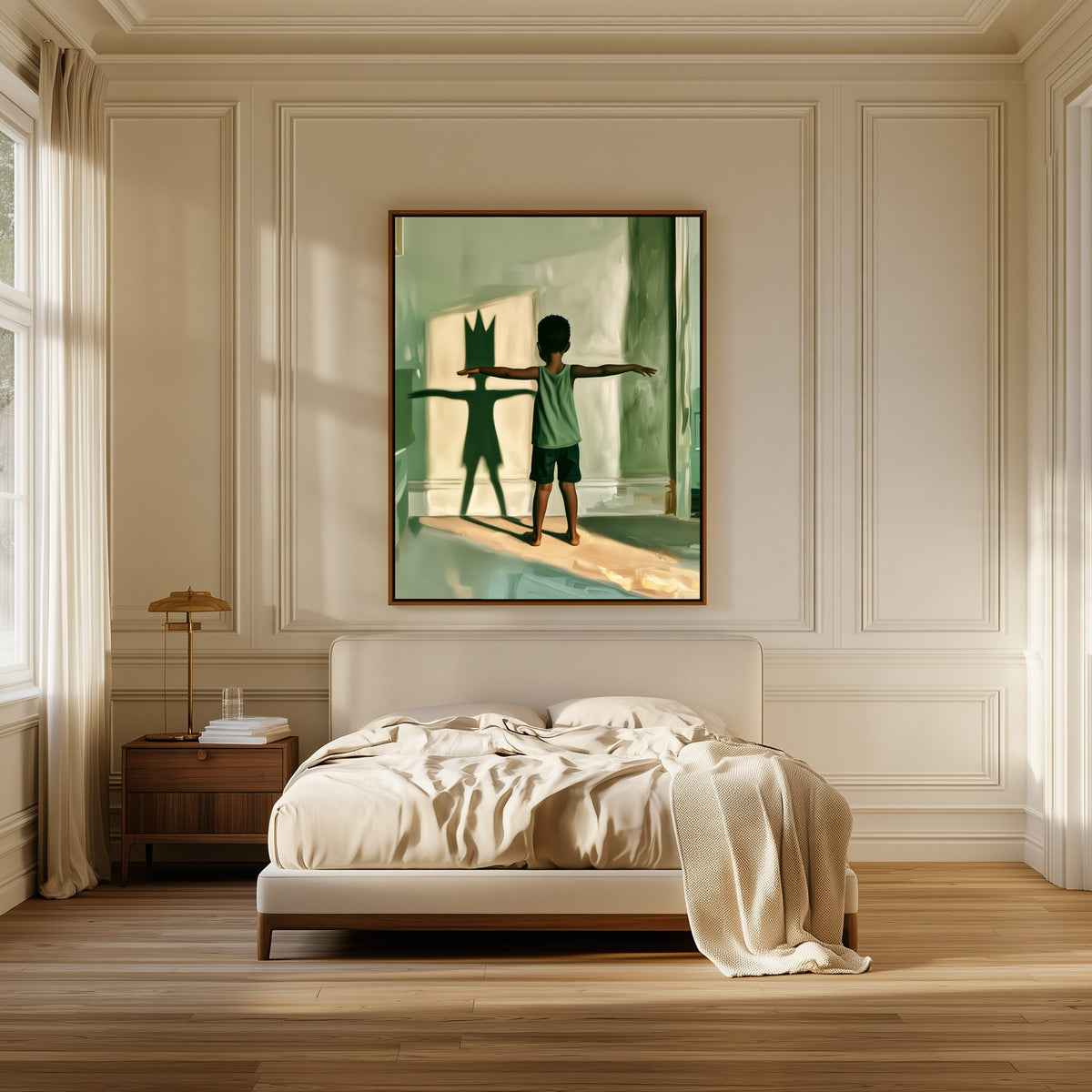 Wings at Noon canvas above the bed in a bedroom