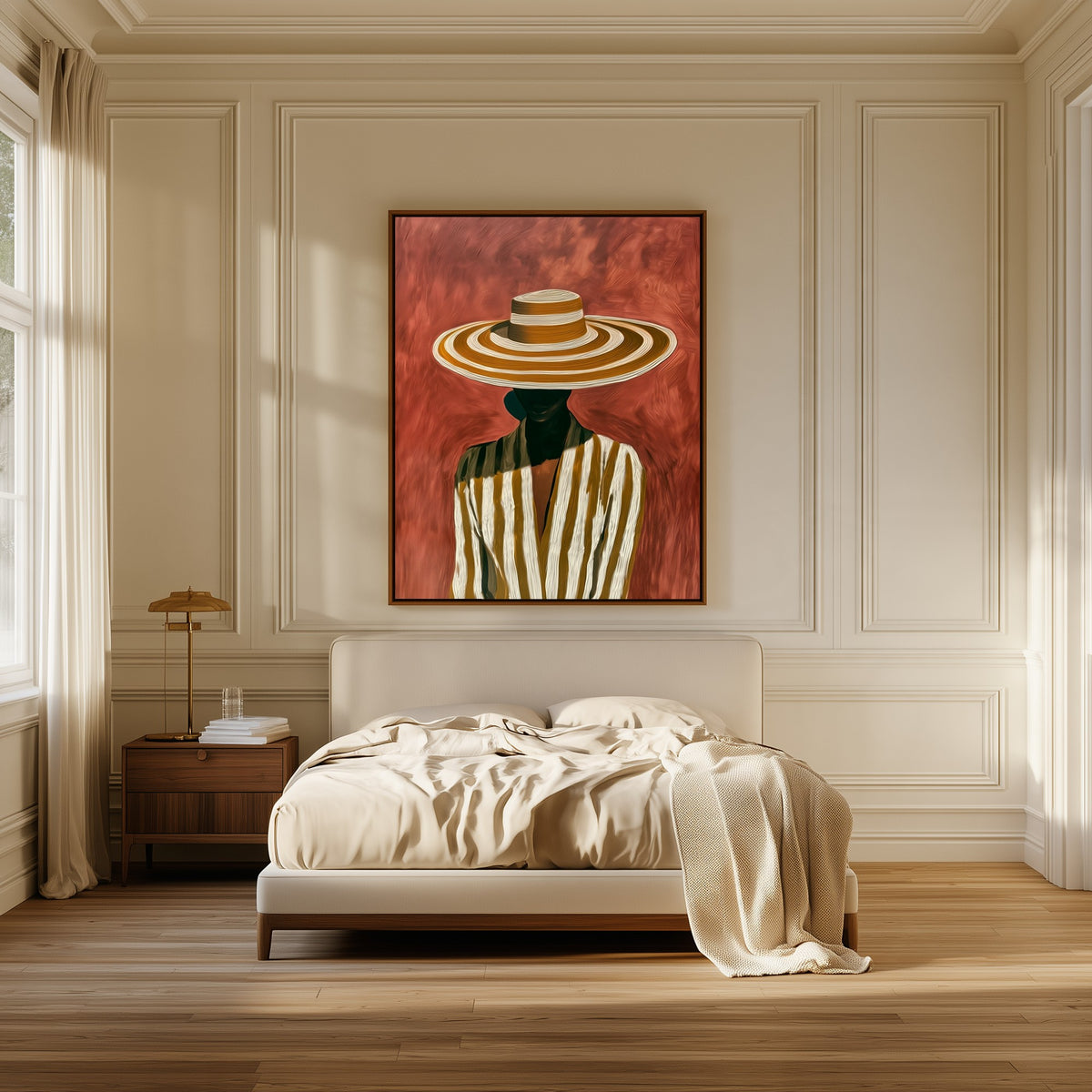Stripes in Shade canvas above the bed in a bedroom