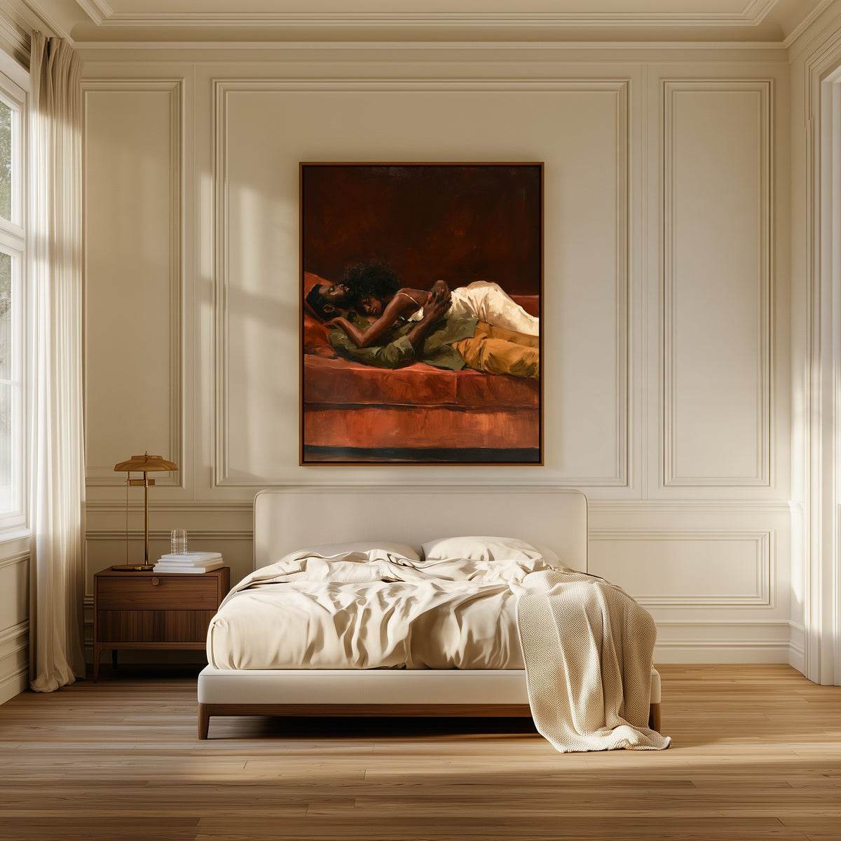 Slow Afternoon canvas above the bed in a bedroom