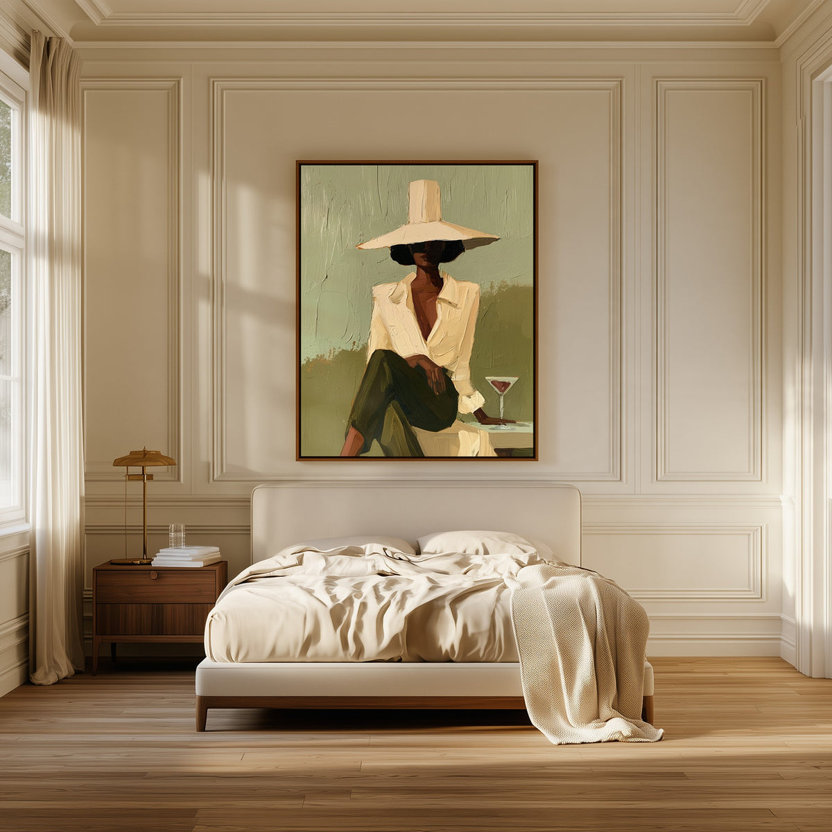 Lady with a Martini canvas above the bed in a bedroom