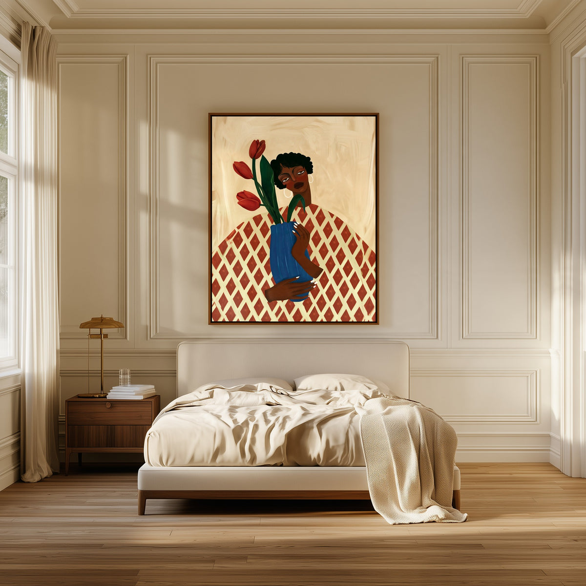 Tulip Hour canvas above the bed in a bedroom