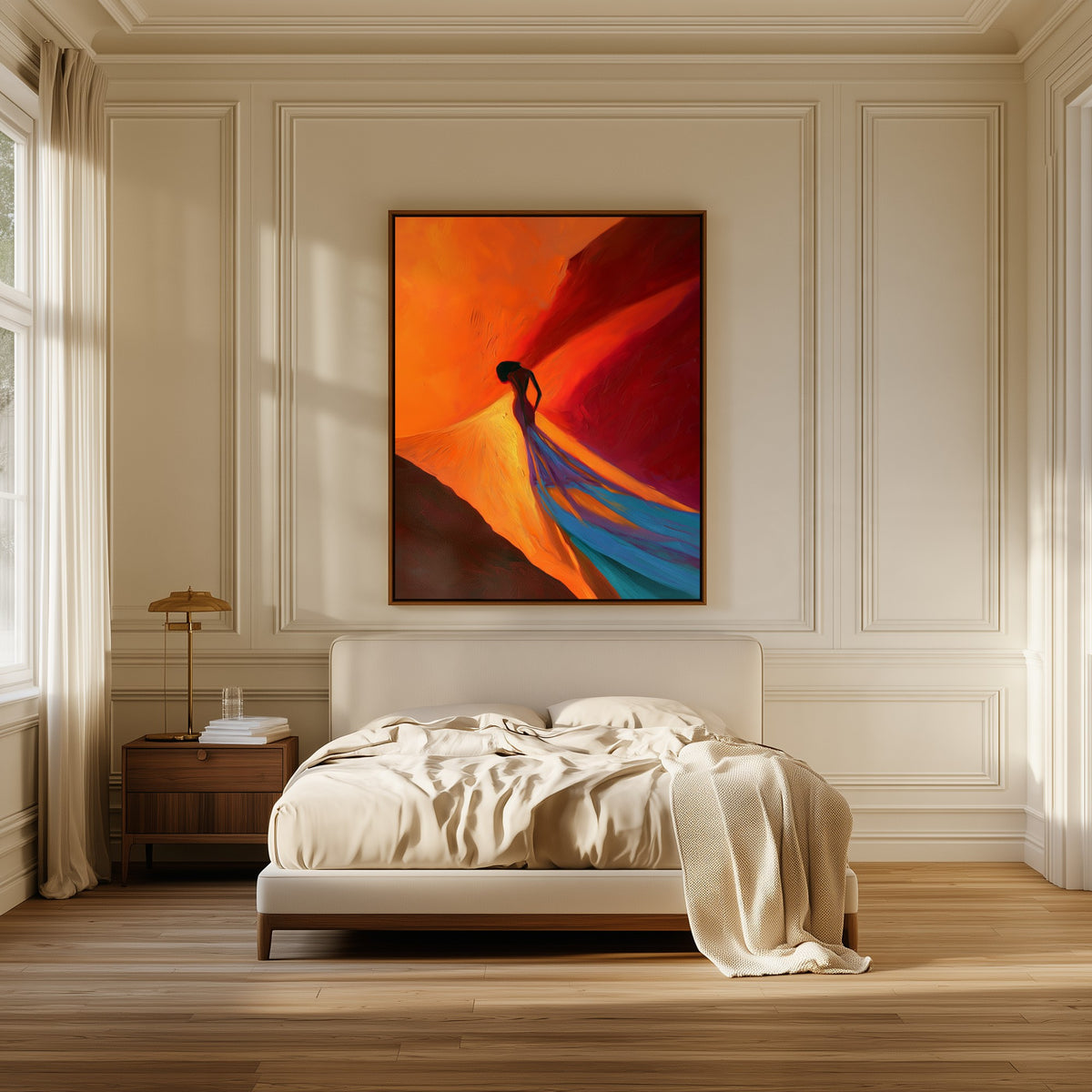 Into the Wind canvas above the bed in a bedroom