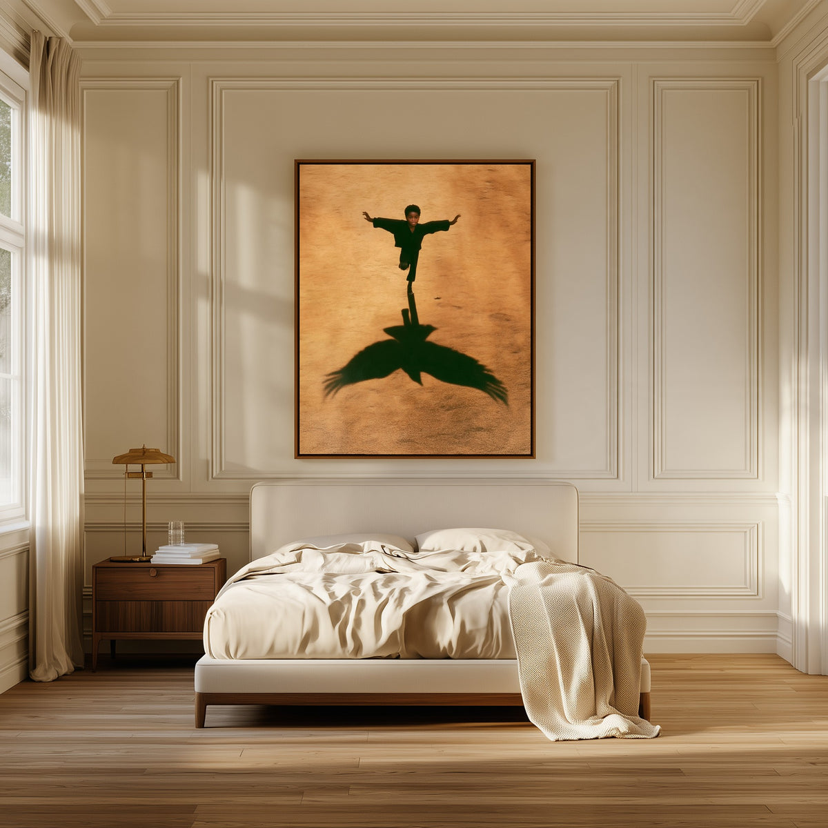 First Flight canvas above the bed in a bedroom