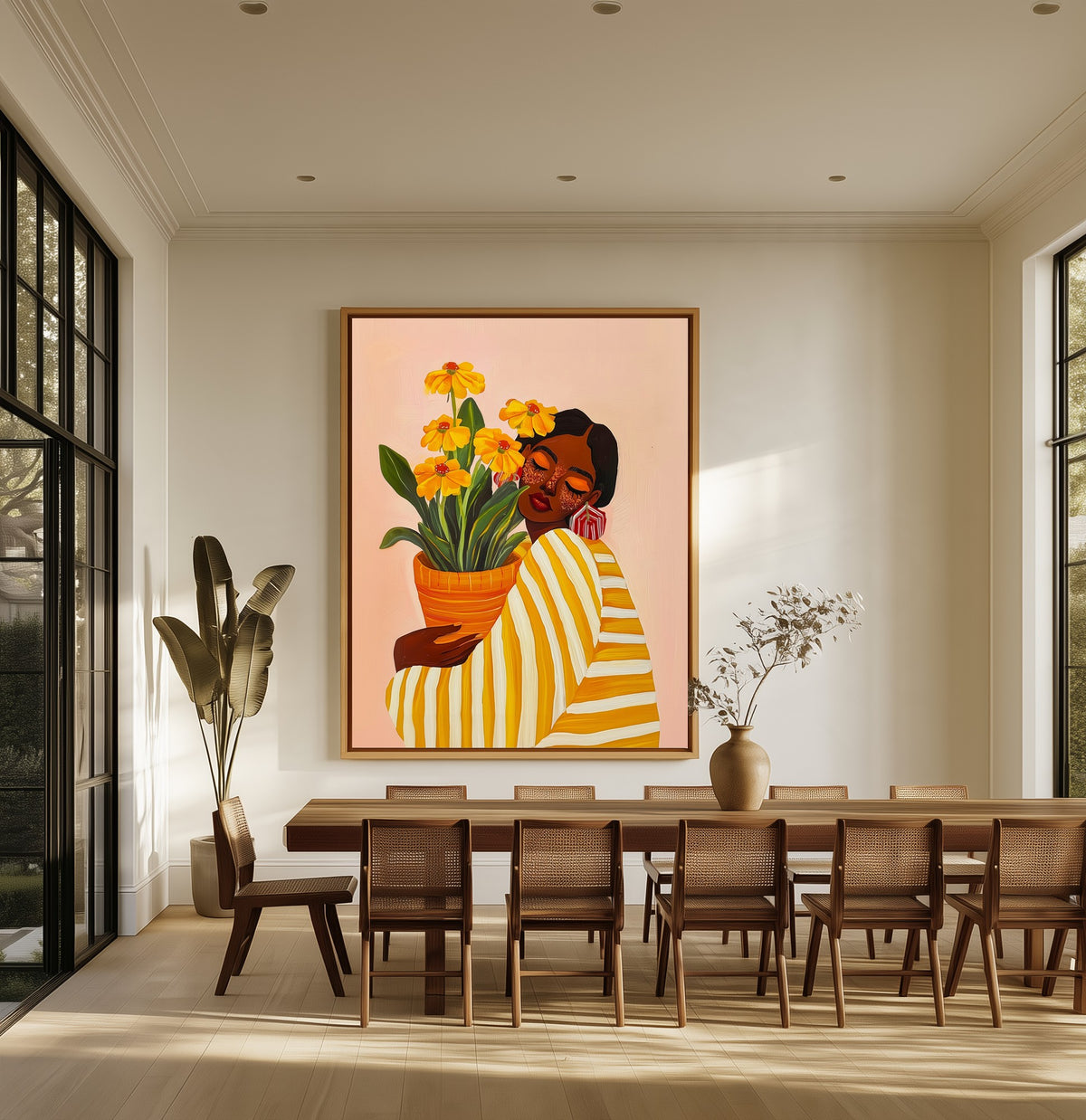 Woman with Marigolds canvas above an oak dining table