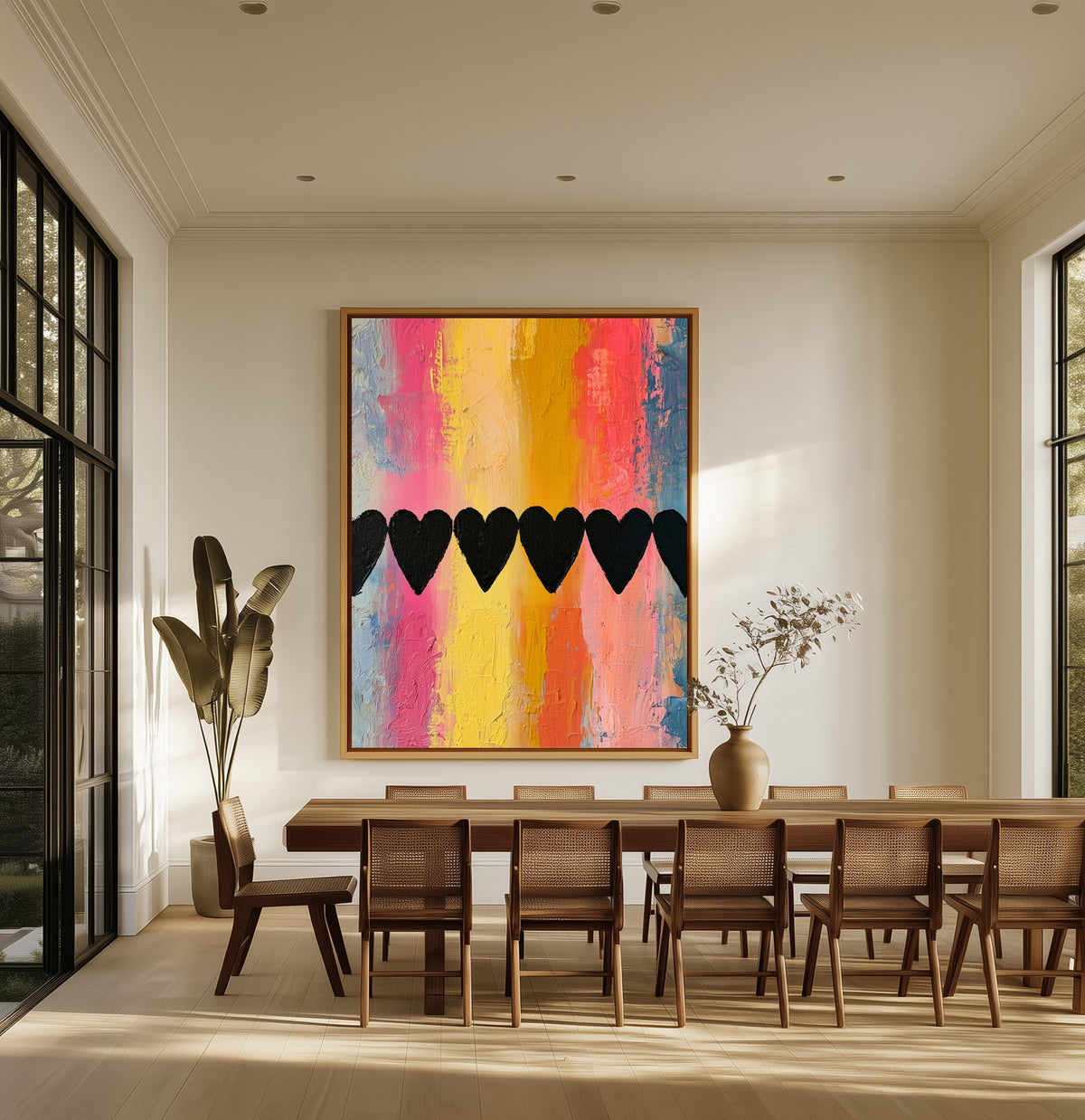 Hearts in Line canvas above an oak dining table