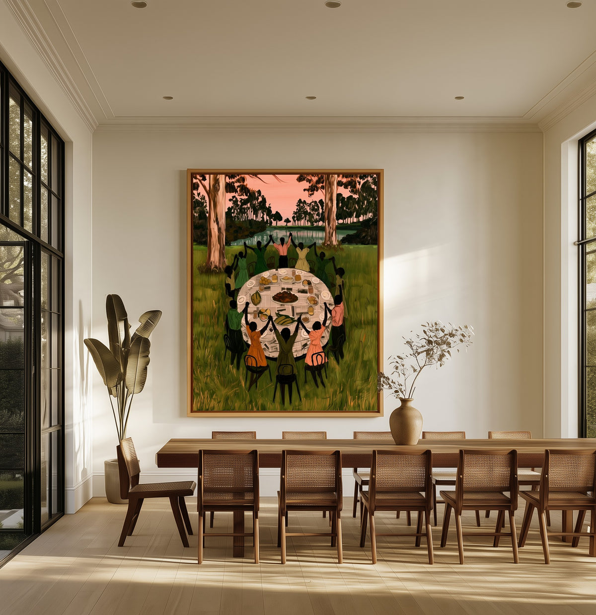 Grace Before Supper canvas above an oak dining table