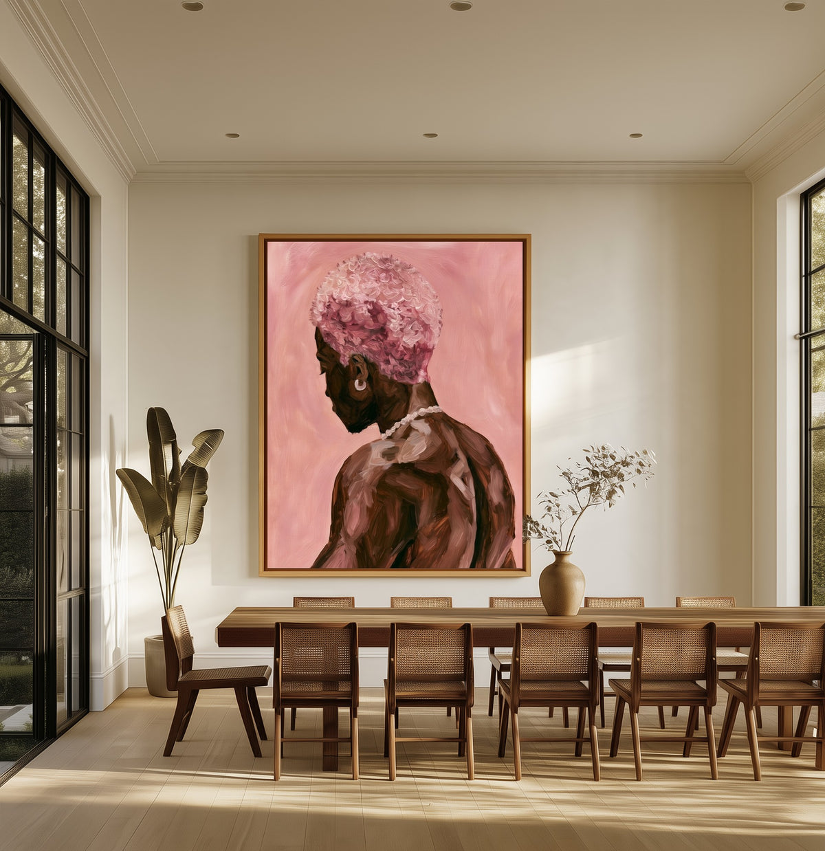 Man with Pink Blossoms canvas above an oak dining table