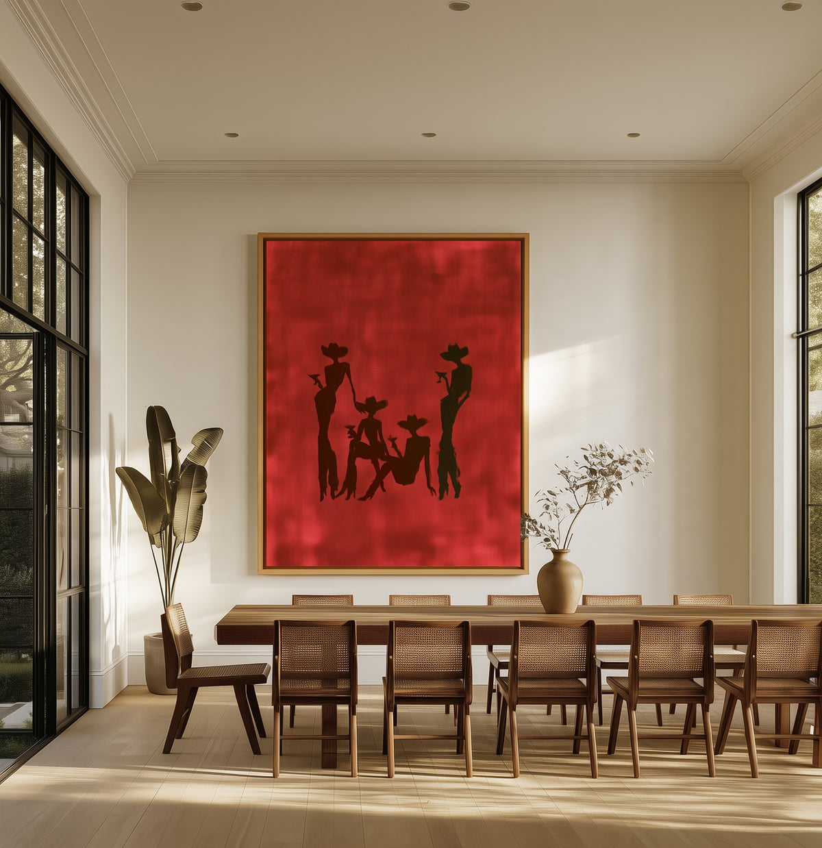 Cowgirls at Dusk canvas above an oak dining table
