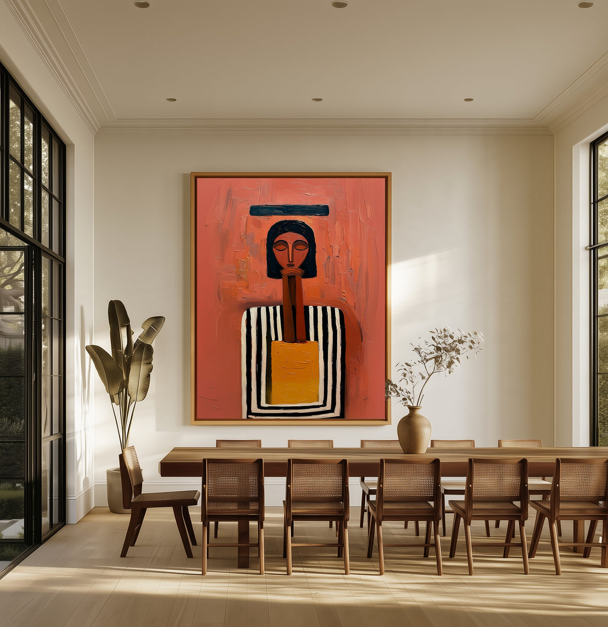 Woman Keeping Counsel canvas above an oak dining table