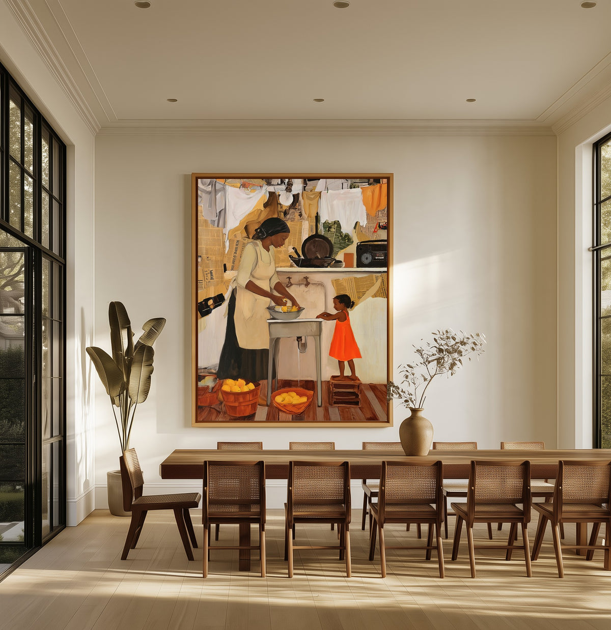Mother with Lemons canvas above an oak dining table