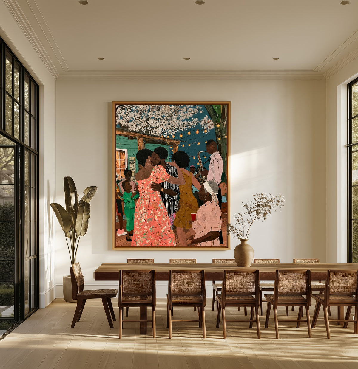 Party Under the Blossoms canvas above an oak dining table