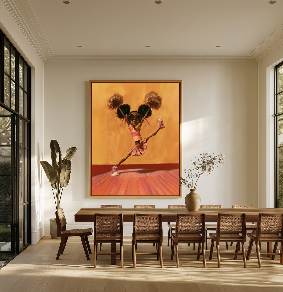 First Leap canvas above an oak dining table