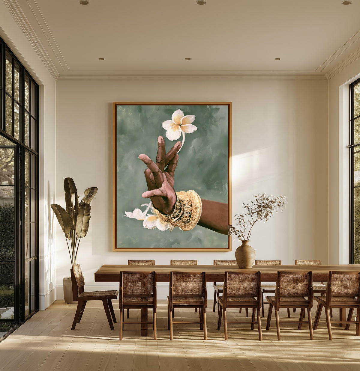 Tender Gesture canvas above an oak dining table