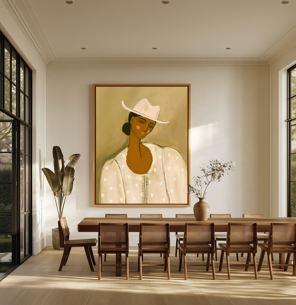 Girl in Stetson canvas above an oak dining table