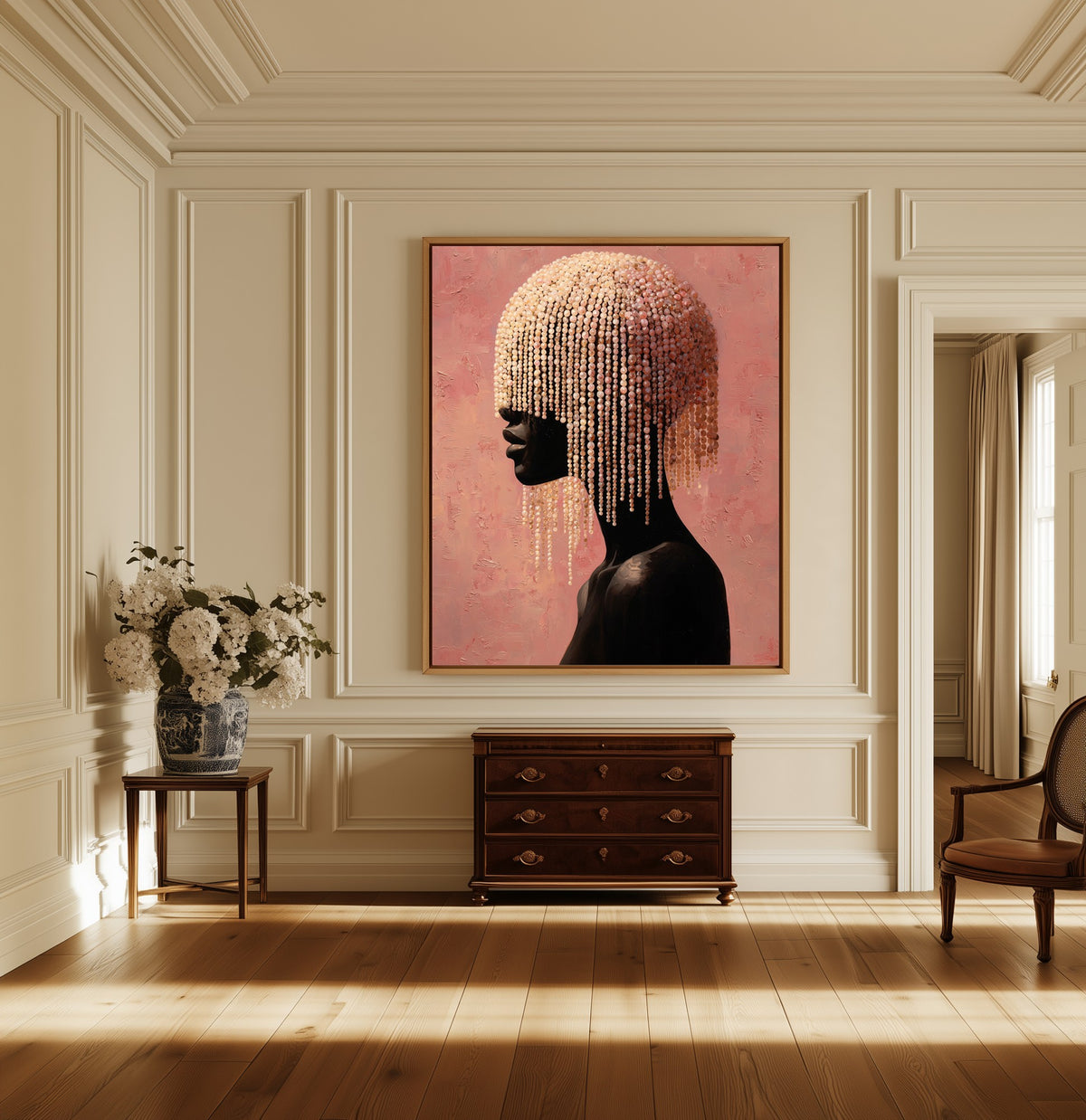 Veil of Pearls canvas above a dark wood chest in a hallway