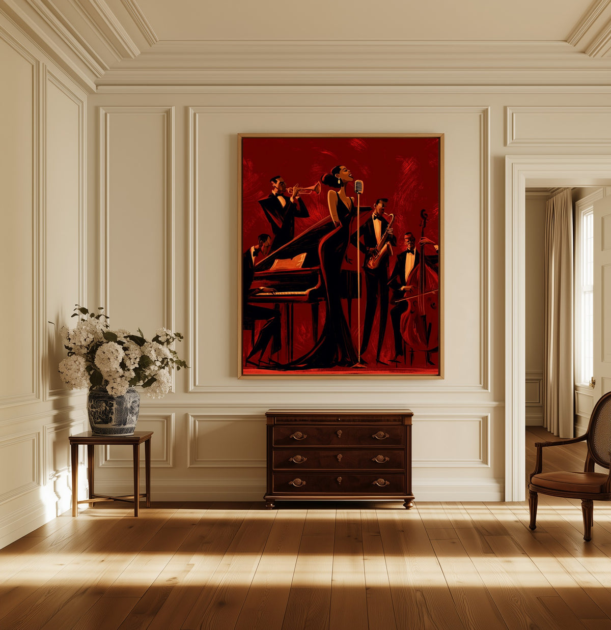 The Chanteuse canvas above a dark wood chest in a hallway