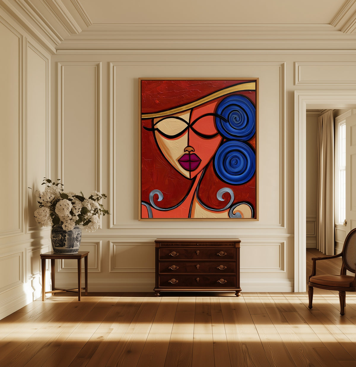 Cobalt Reverie canvas above a dark wood chest in a hallway