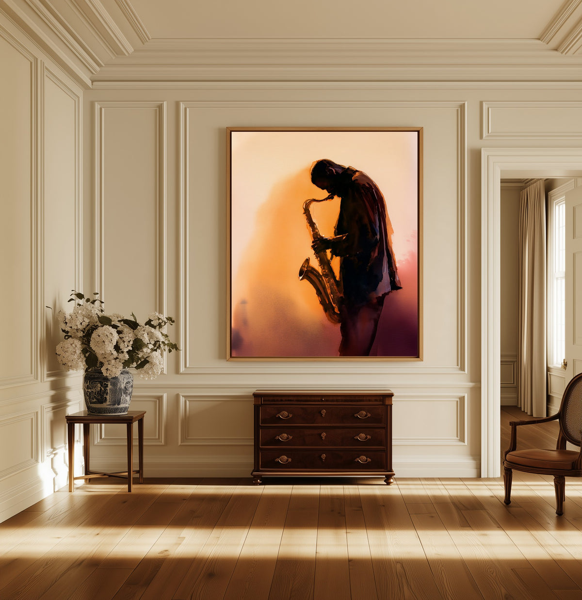 Breath and Brass canvas above a dark wood chest in a hallway