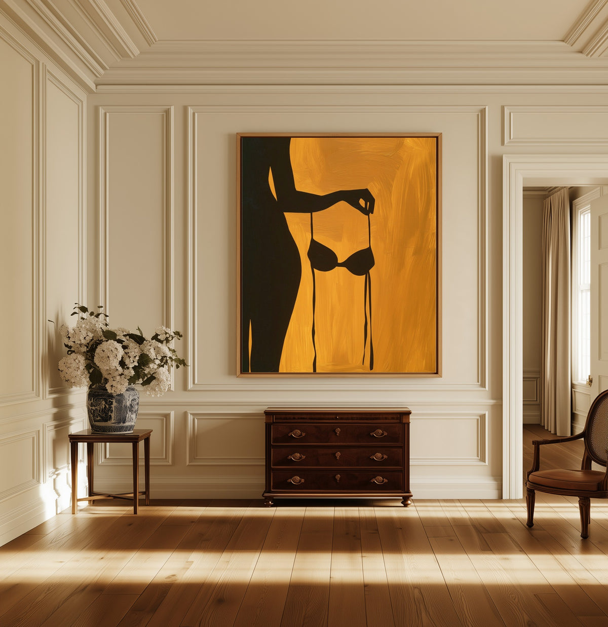 Heat of August canvas above a dark wood chest in a hallway