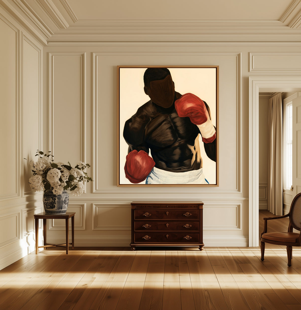 The Contender canvas above a dark wood chest in a hallway
