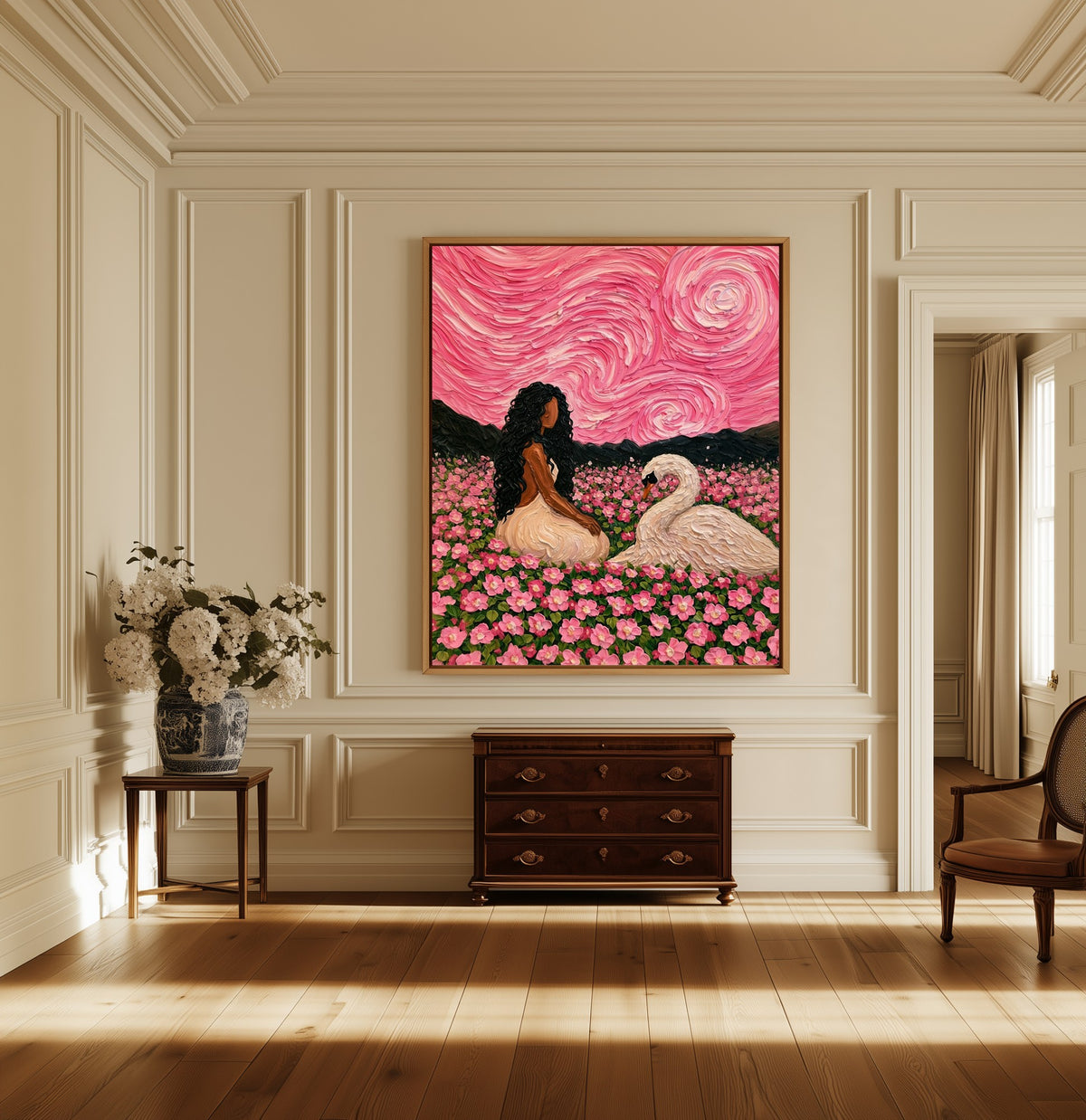 Swan Reverie canvas above a dark wood chest in a hallway