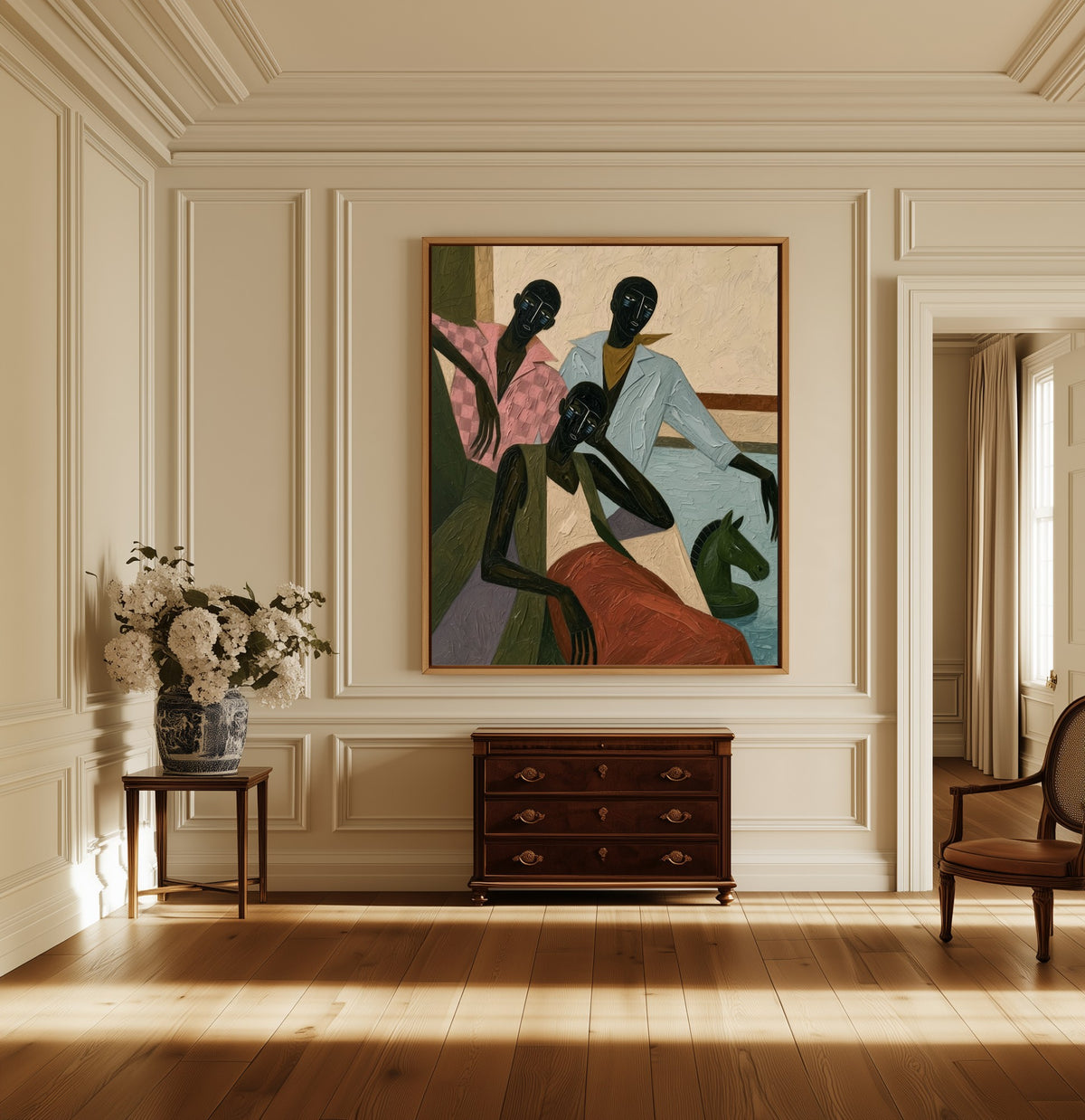 The Chess Players canvas above a dark wood chest in a hallway