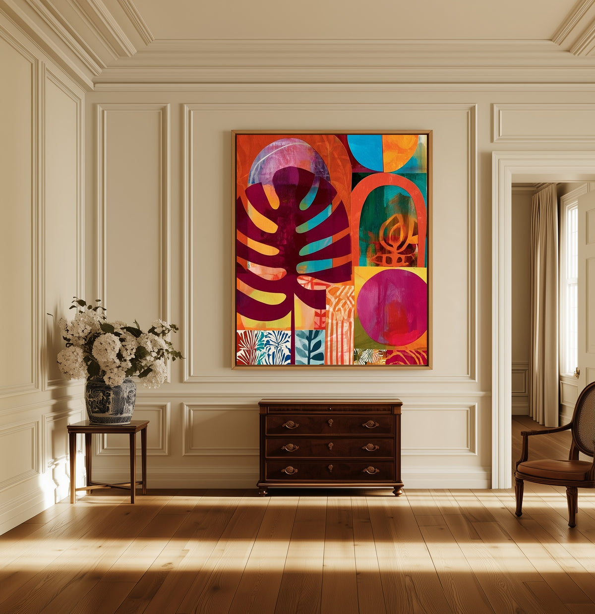 Tropic Reverie canvas above a dark wood chest in a hallway