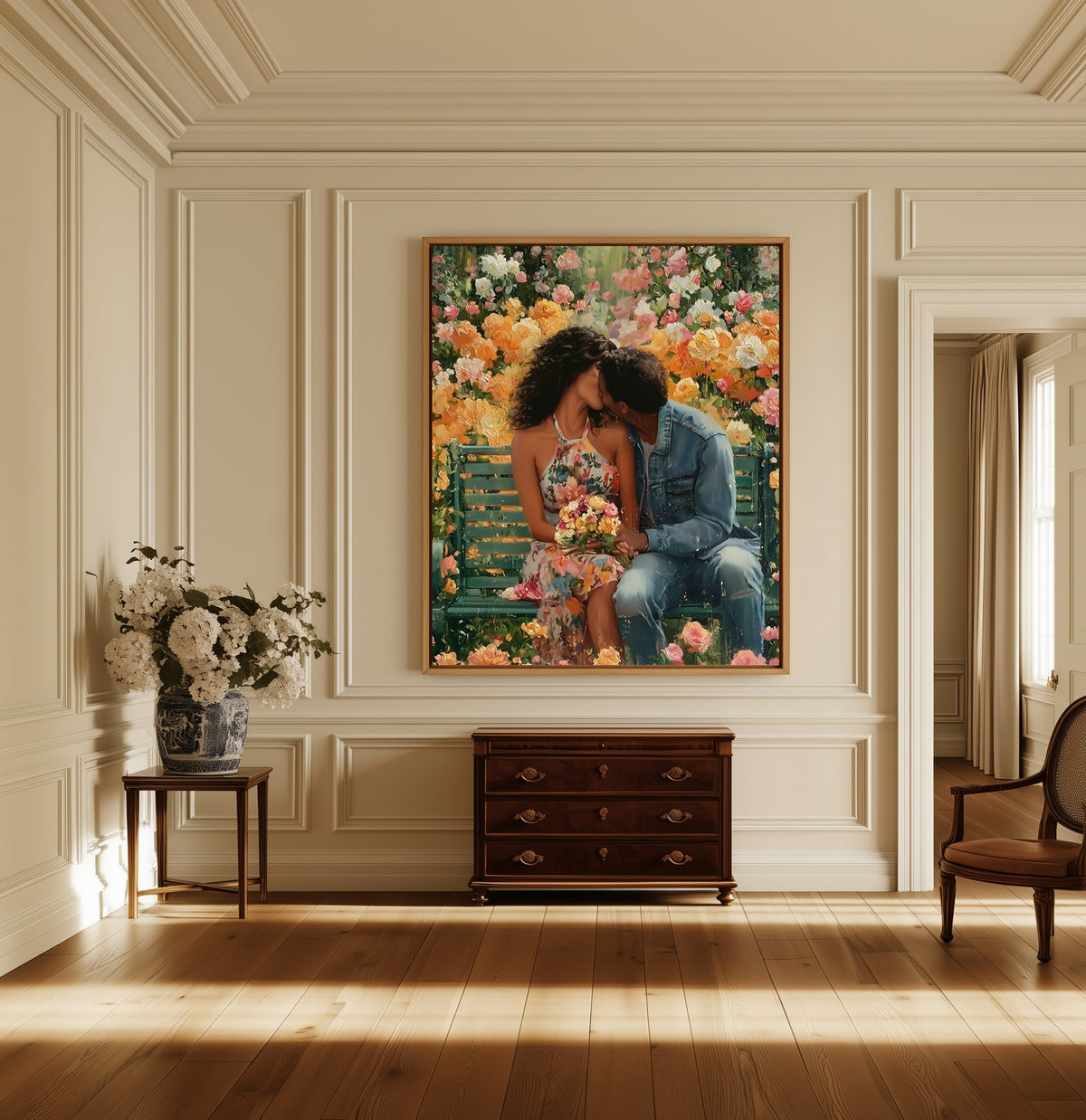 The Garden Bench canvas above a dark wood chest in a hallway