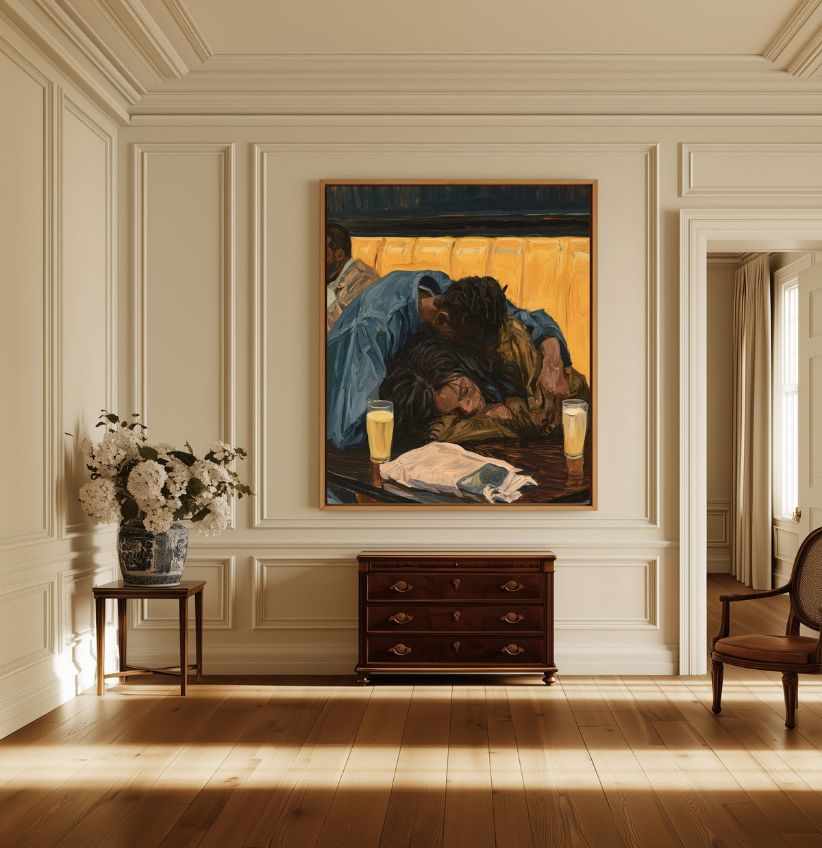 Last Call canvas above a dark wood chest in a hallway