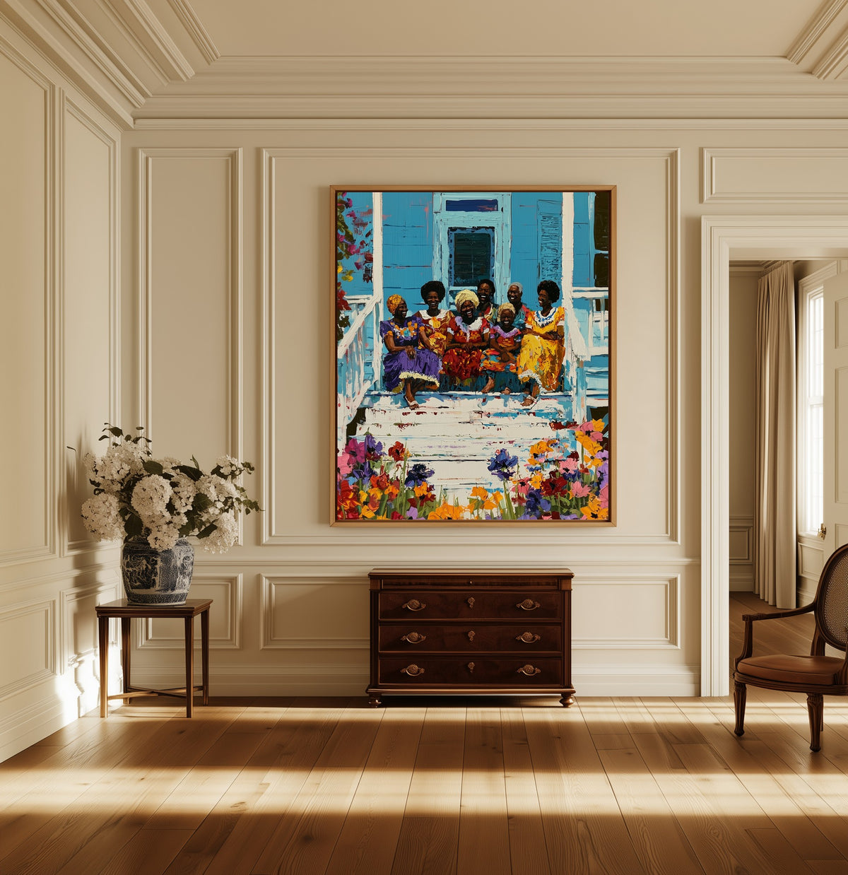 Front Porch Reunion canvas above a dark wood chest in a hallway