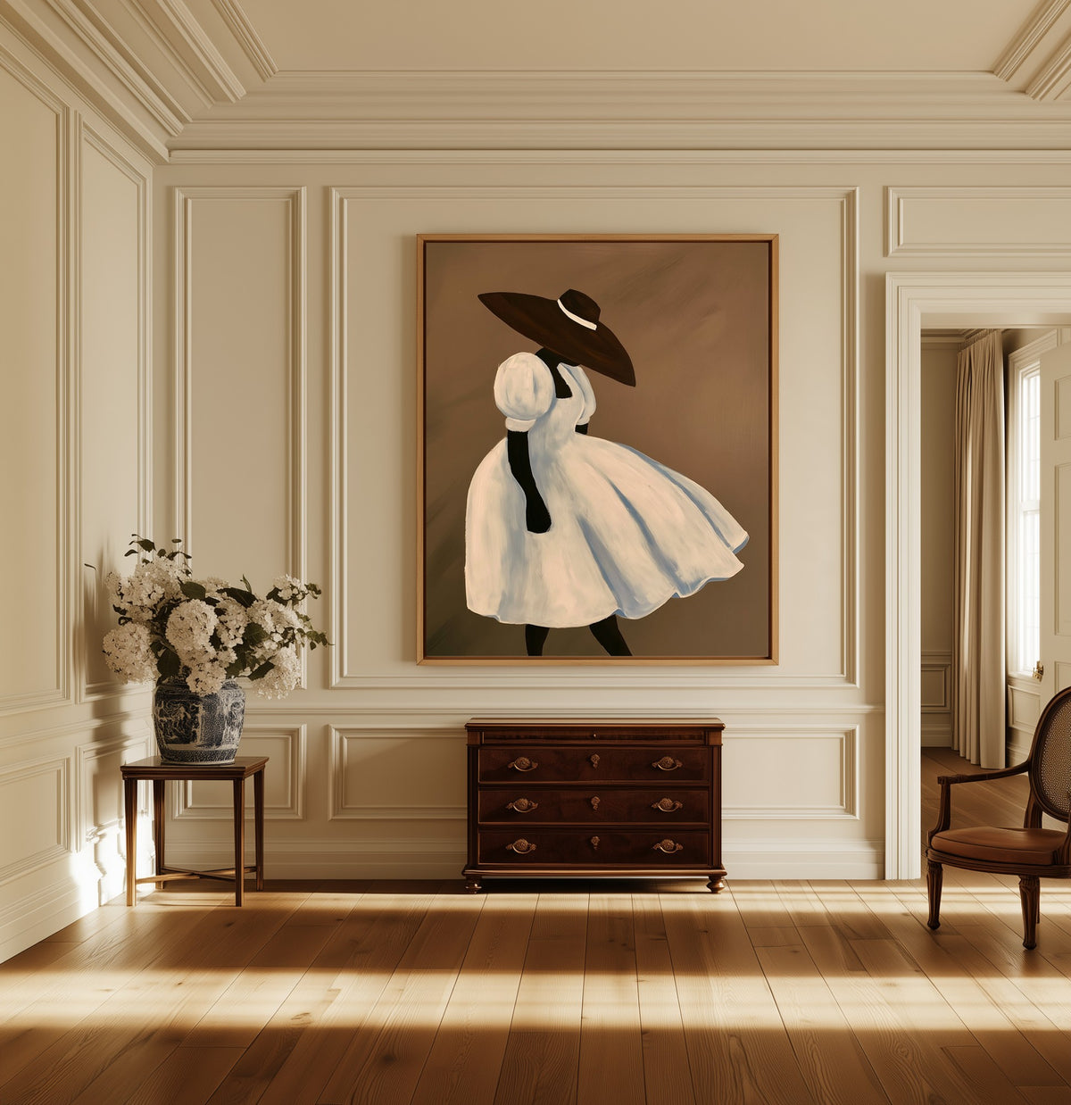 The White Dress canvas above a dark wood chest in a hallway